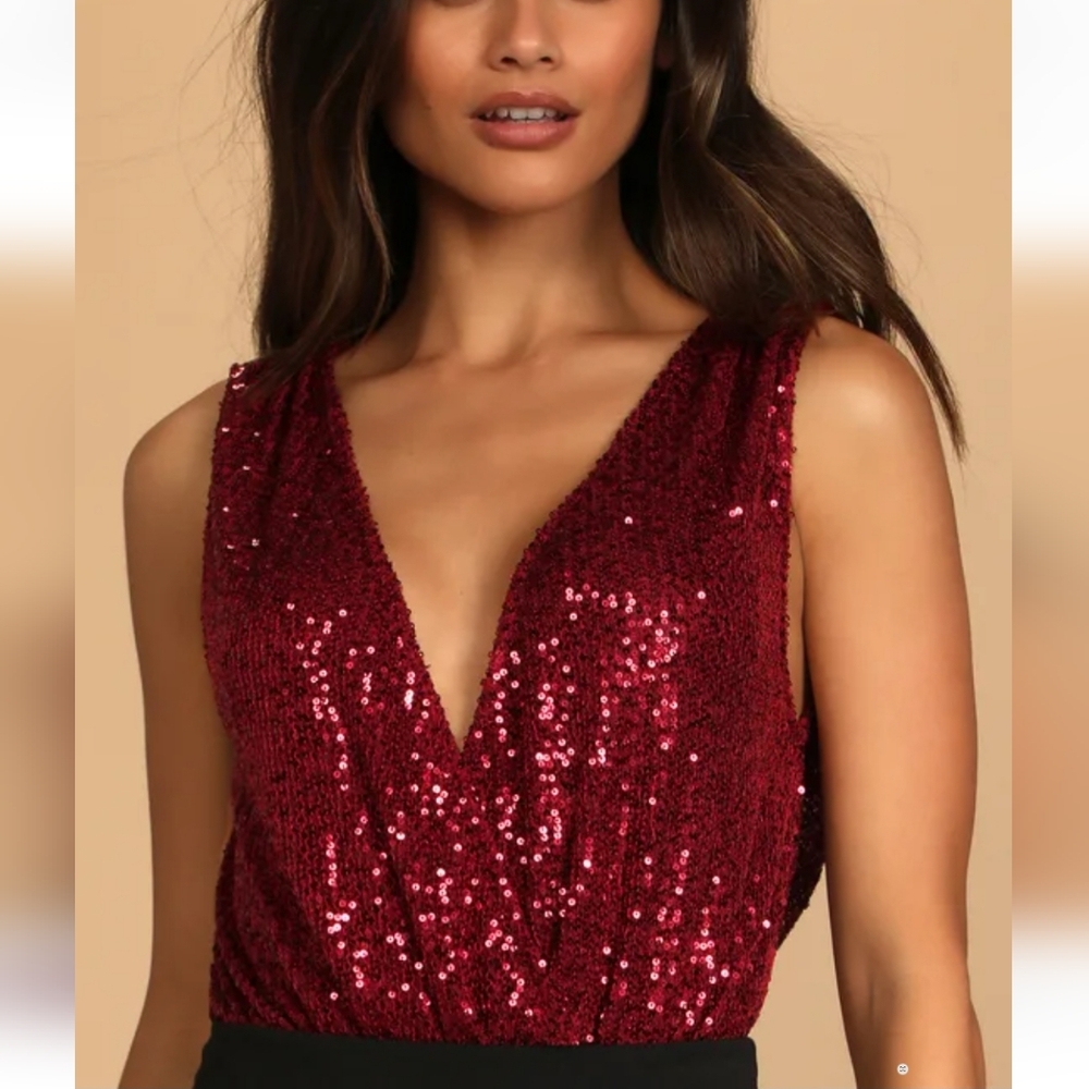 Lulus Evening of Wonder Burgundy Sequin Cow Back Bodysuit
